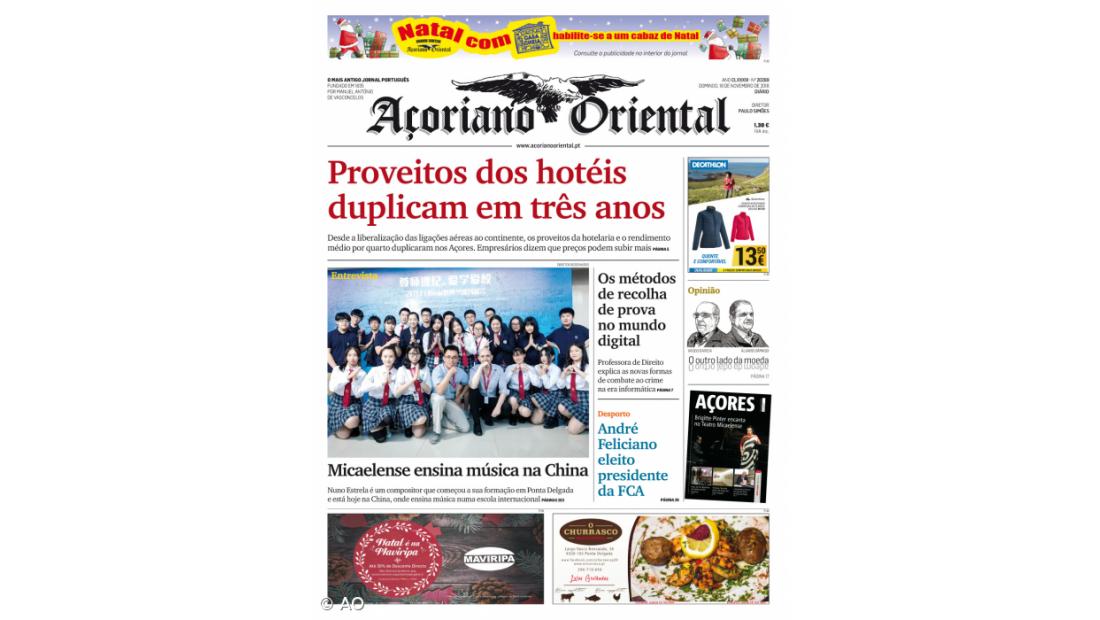 "Proveitos dos hotéis duplicam em três anos" é a manchete do Açoriano Oriental 