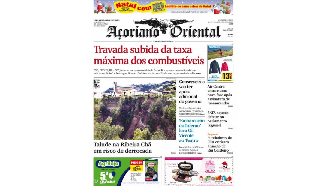 "Travada subida da taxa máxima dos combustíveis" é a manchete do Açoriano Oriental