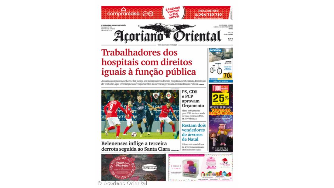 "Trabalhadores dos hospitais com direitos iguais à função pública" é a manchete do Açoriano Oriental