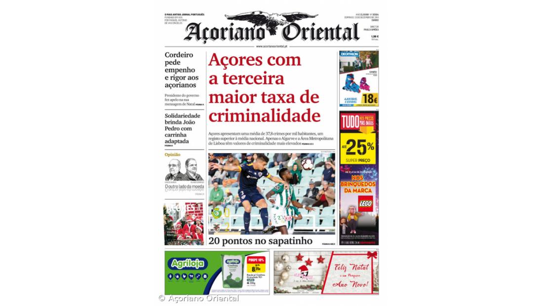 "Açores com a terceira maior taxa de criminalidade" é a manchete do Açoriano Oriental