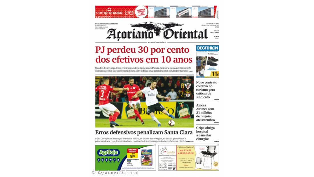 "PJ perdeu 30 por cento dos efetivos em 10 anos" é a manchete do Açoriano Oriental