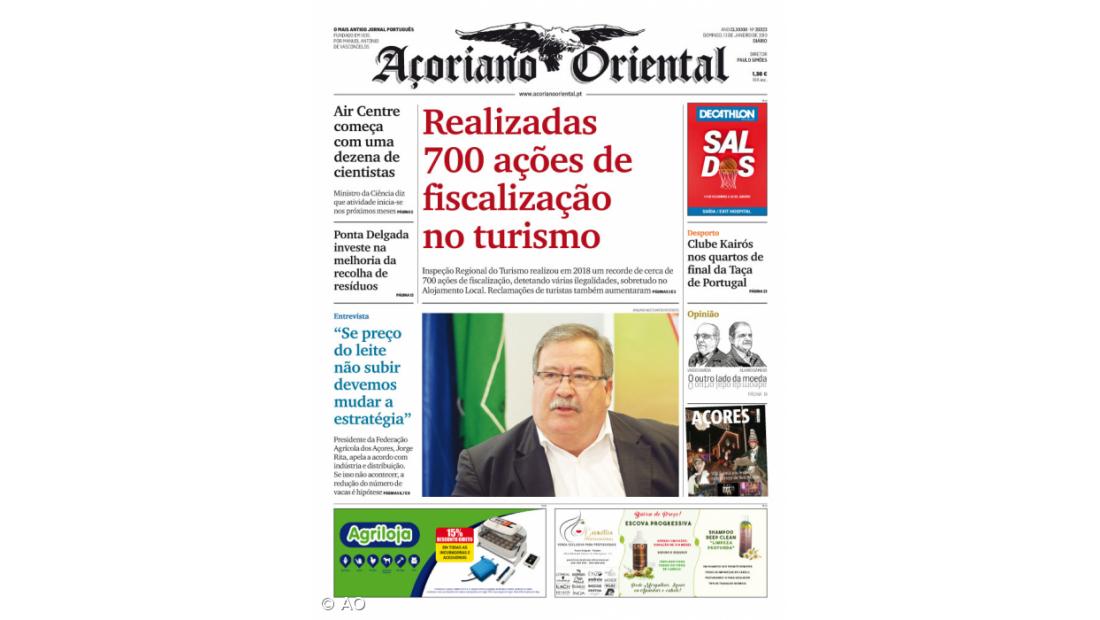"Realizadas 700 ações de fiscalização no turismo" é a manchete do Açoriano Oriental