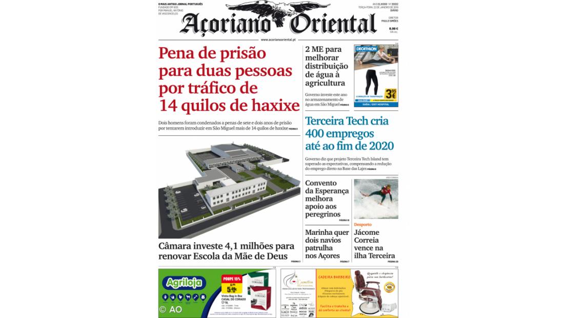 "Pena de prisão para duas pessoas por tráfico de 14 quilos de haxixe" é a manchete do Açoriano Oriental