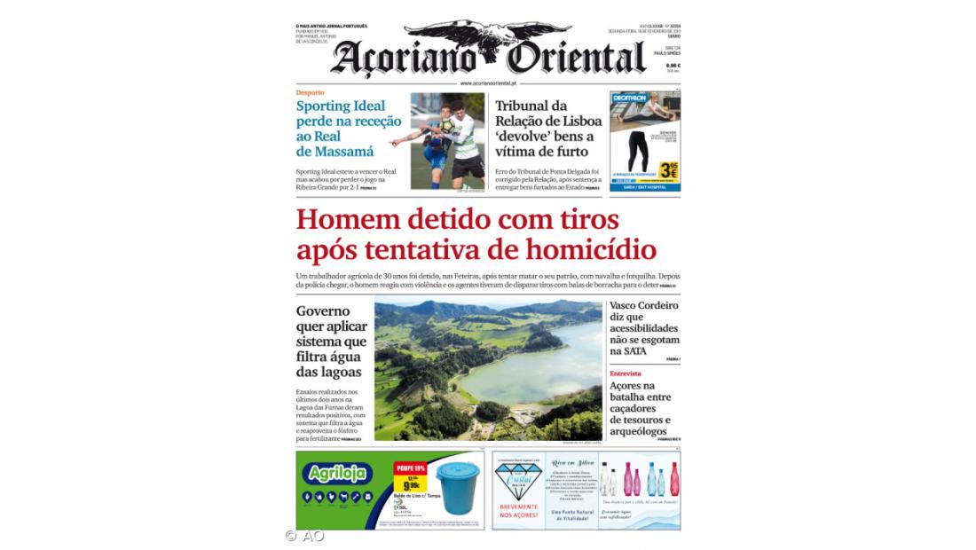 "Homem detido com tiros após tentativa de homicídio" é a manchete do Açoriano Oriental