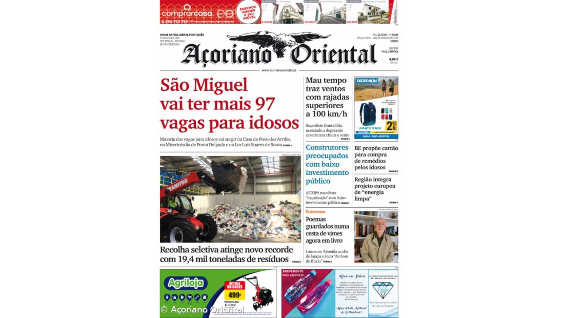 "São Miguel vai ter mais 97 vagas para idosos" é a manchete do Açoriano Oriental