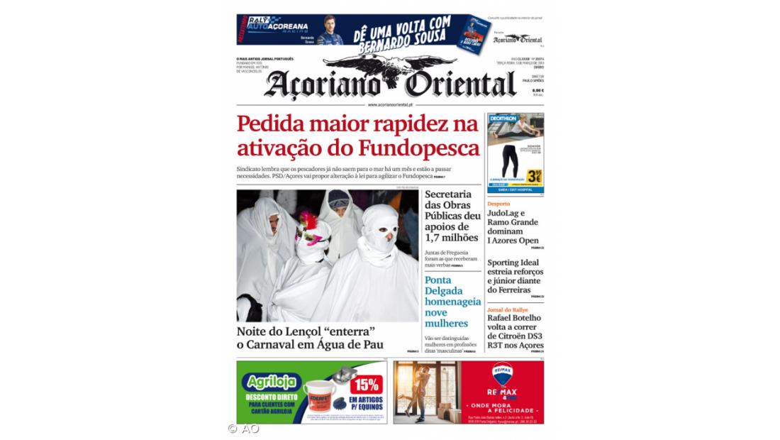 "Pedida maior rapidez na ativação do Fundopesca" é a manchete do Açoriano Oriental