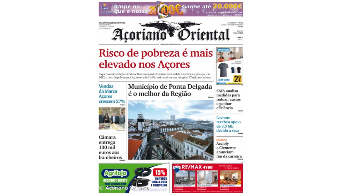 "Risco de pobreza é mais elevado nos Açores" é a manchete do Açoriano Oriental