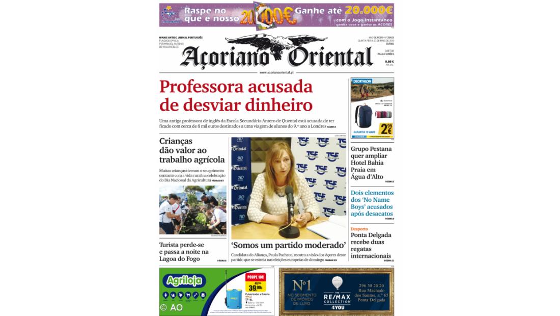 "Professora acusada de desviar dinheiro" é a manchete do Açoriano Oriental
