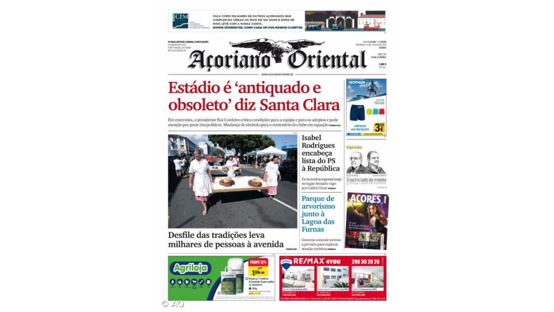 "Estádio é 'antiquado e obsoleto' diz Santa Clara" é a manchete do Açoriano Oriental