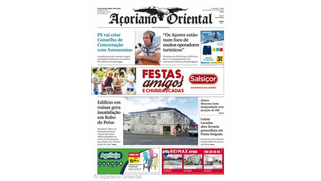 "PS vai criar Conselho de Concertação com Autonomias" é a manchete do Açoriano Oriental