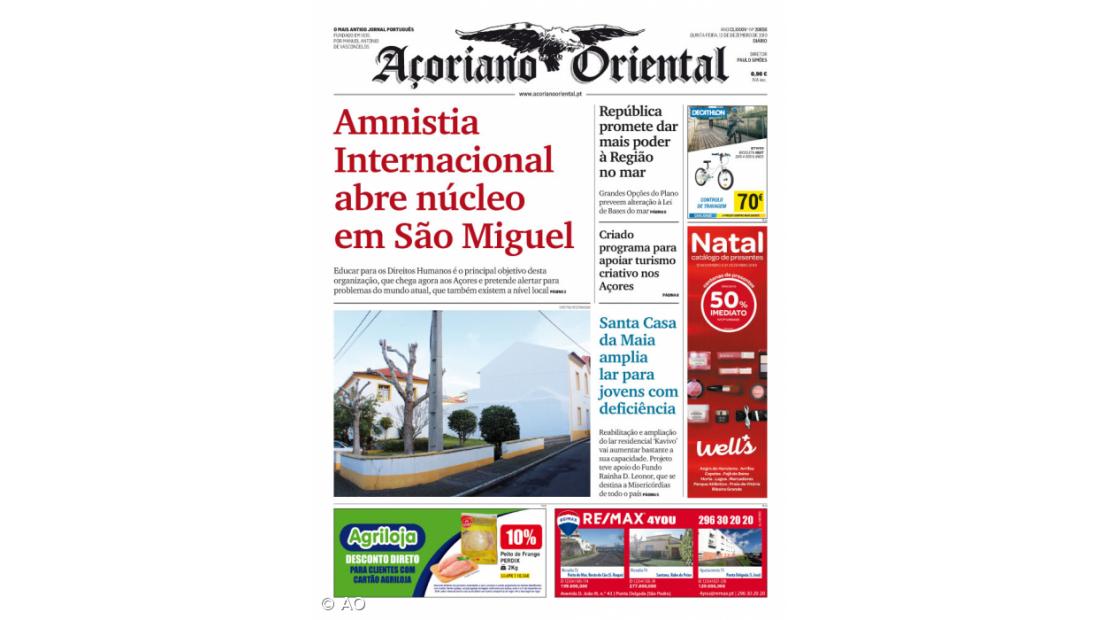"Amnistia Internacional abre núcleo em São Miguel" é a manchete do Açoriano Oriental