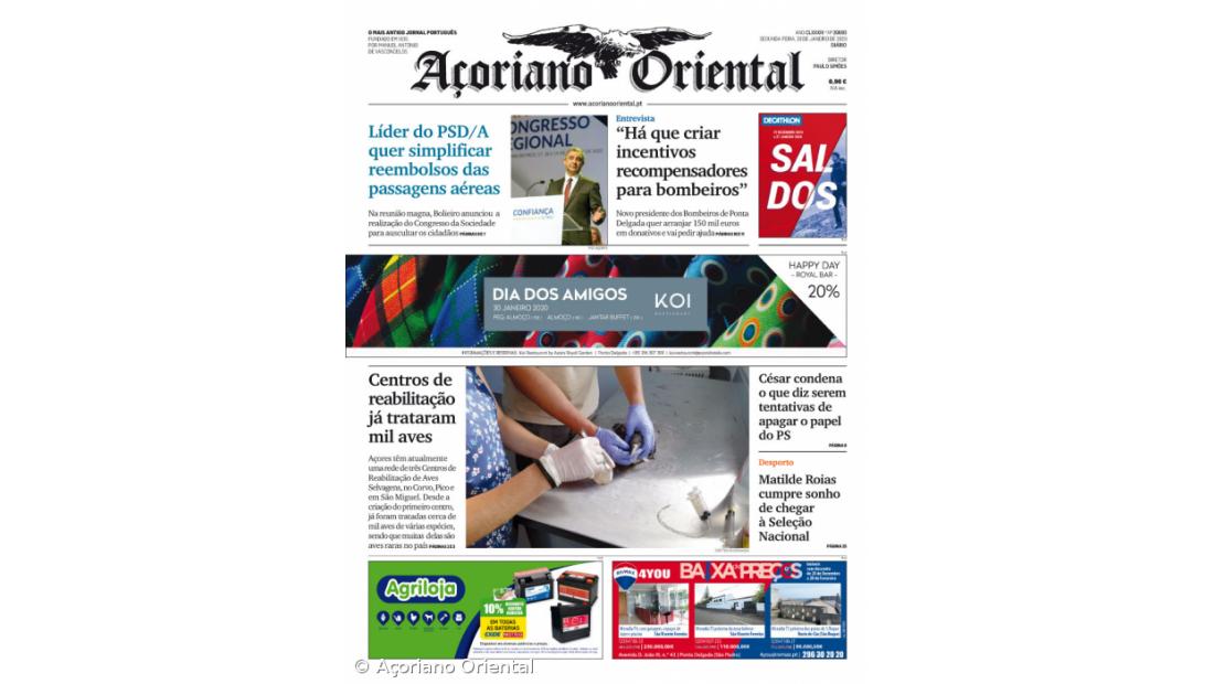 "Líder do PSD/A quer simplificar reembolsos das passagens aéreas" é a manchete do Açoriano Oriental