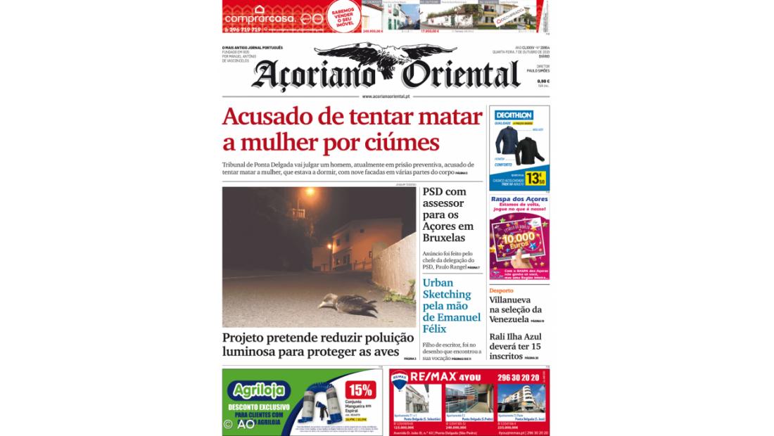 "Acusado de tentar matar a mulher por ciúmes" é a manchete do Açoriano Oriental