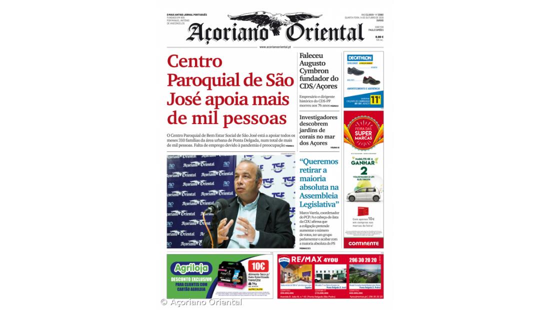 "Centro Paroquial de São José apoia mais de mil pessoas" é a manchete do Açoriano Oriental