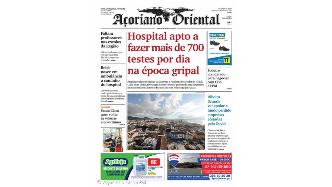 "Hospital apto a fazer mais de 700 testes por dia na época gripal" é a manchete do Açoriano Oriental