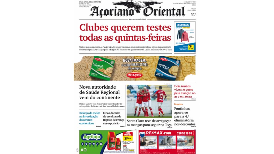 "Clubes querem testes todas as quintas-feiras" é a manchete do Açoriano Oriental