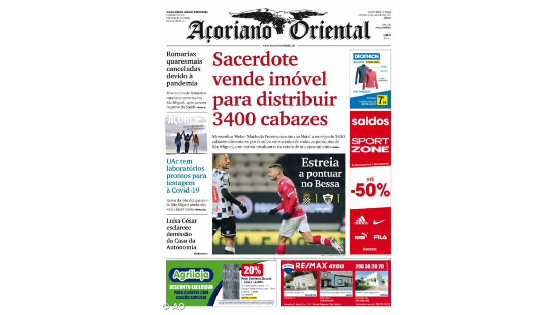 "Sacerdote vende imóvel para distribuir 3400 cabazes" é a manchete do Açoriano Oriental