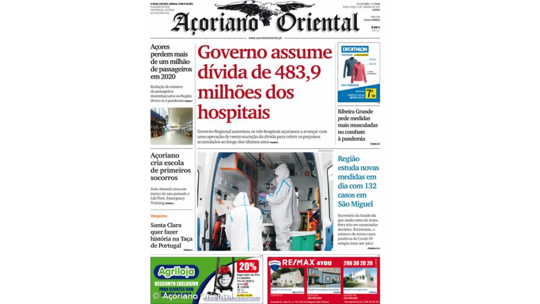 "Governo assume dívida de 483,9 milhões dos hospitais" é a manchete do Açoriano Oriental 
