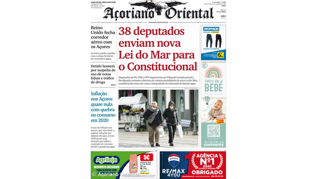 "38 deputados enviam nova Lei do Mar para o Constitucional" é a manchete do Açoriano Oriental