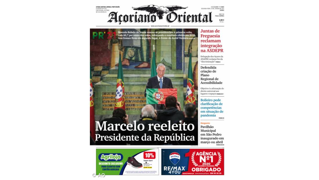"Marcelo reeleito Presidente da República" é a manchete do Açoriano Oriental