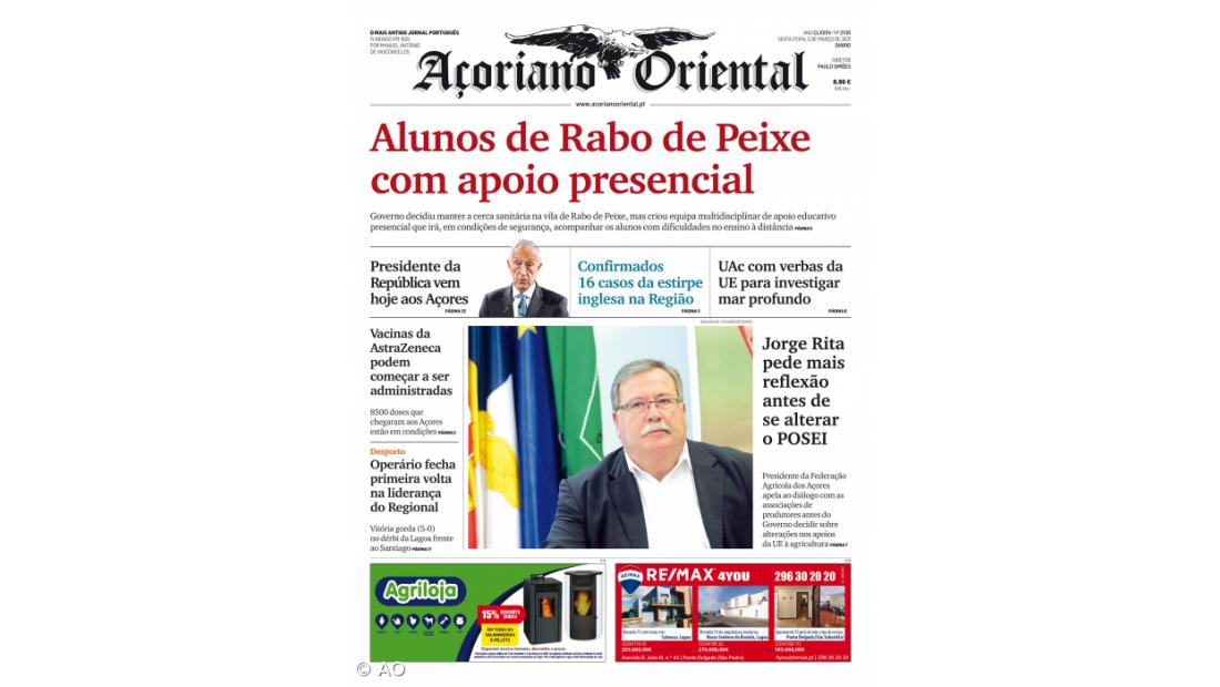 "Alunos de Rabo de Peixe com apoio presencial" é a manchete do Açoriano Oriental