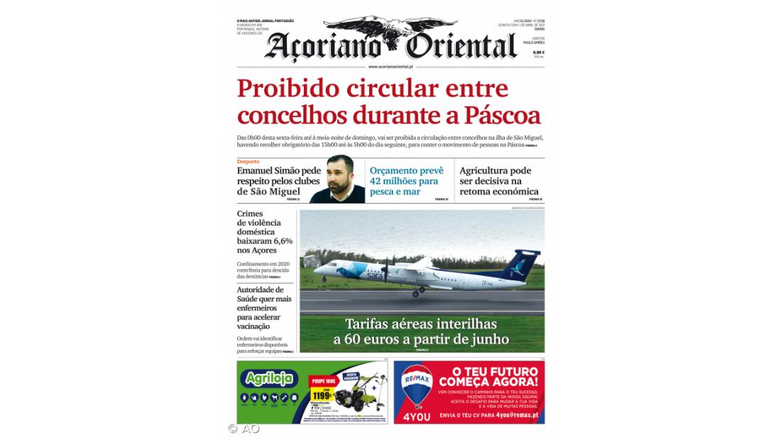 "Proibido circular entre concelhos durante a Páscoa" é a manchete do Açoriano Oriental