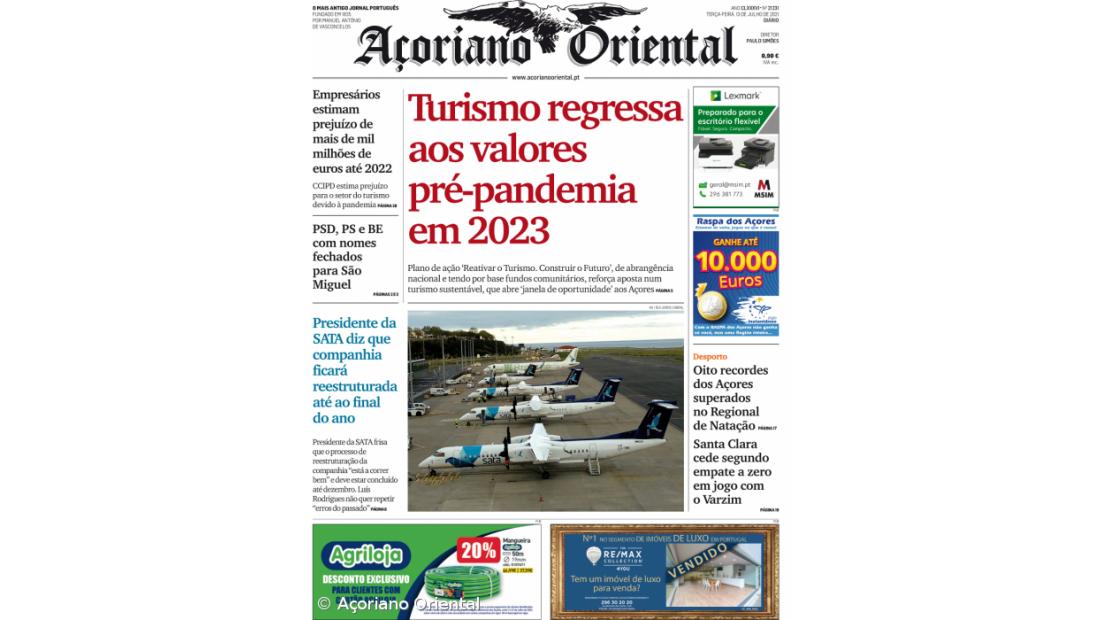 "Turismo regressa aos valores pré-pandemia em 2023" é a manchete do Açoriano Oriental