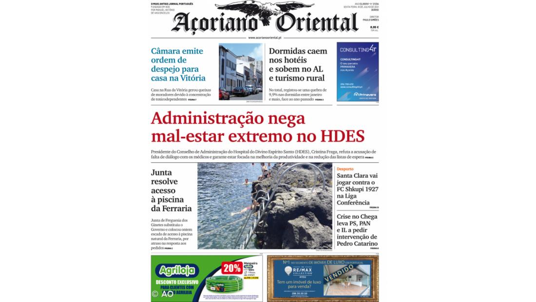 "Administração nega mal-estar extremo no HDES" é a manchete do Açoriano Oriental