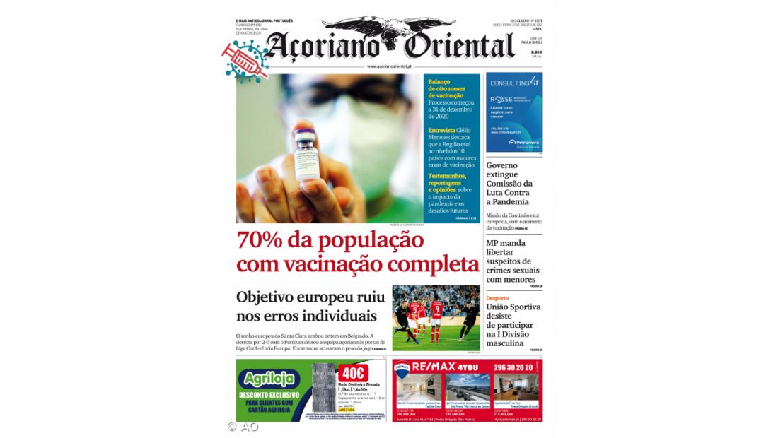 "70% da população com vacinação completa" é a manchete do Açoriano Oriental