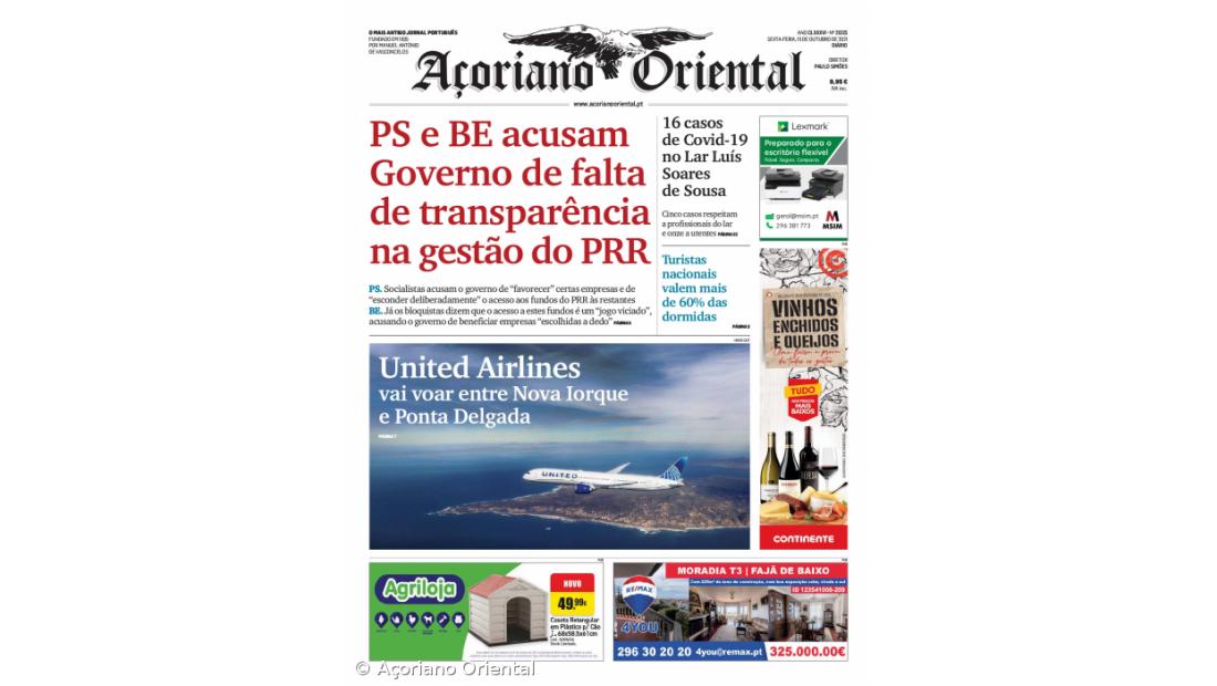 "PS e BE acusam Governo de falta de transparência na gestão do PRR" é a manchete do Açoriano Oriental