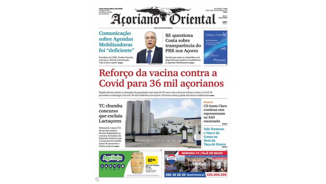 "Reforço da vacina contra a Covid para 36 mil açorianos" é a manchete do Açoriano Oriental