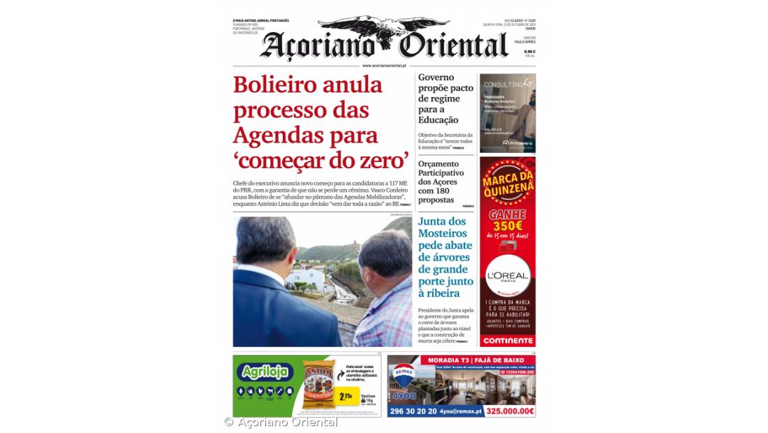 "Bolieiro anula processo das Agendas para 'começar do zero'" é a manchete do Açoriano Oriental