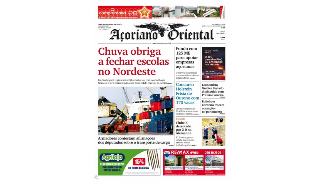"Chuva obriga a fechar escolas no Nordeste" é a manchete de hoje do Açoriano Oriental