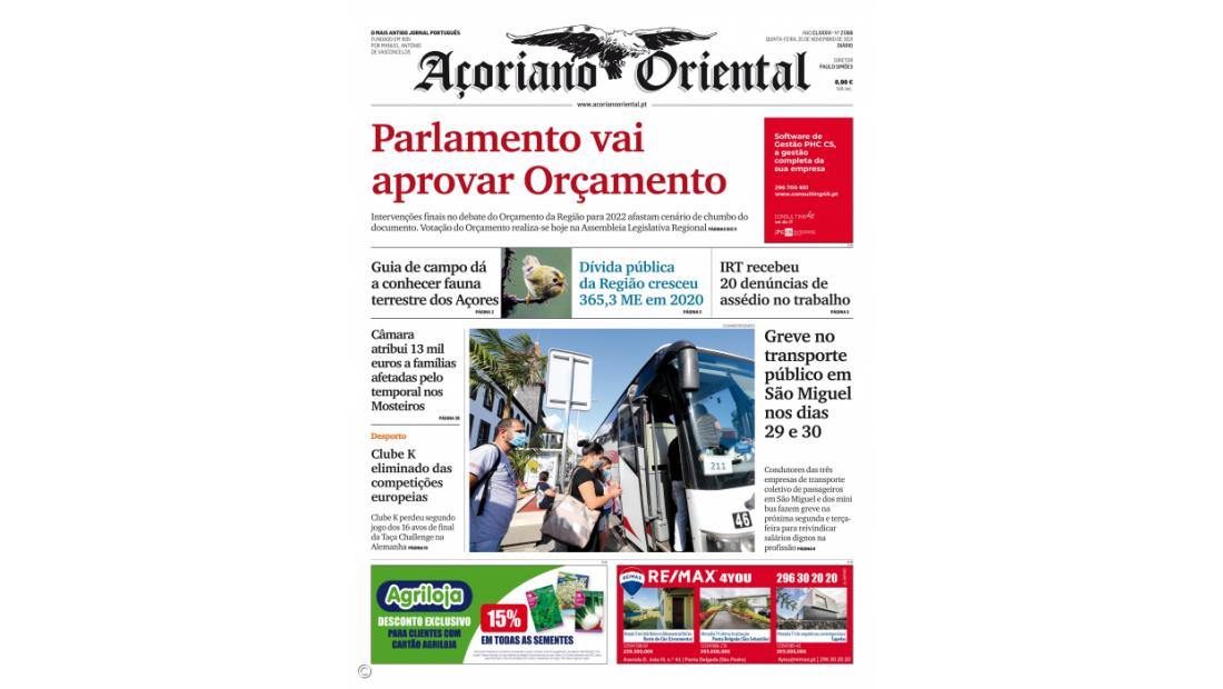 "Parlamento vai aprovar Orçamento" é a manchete do Açoriano Oriental