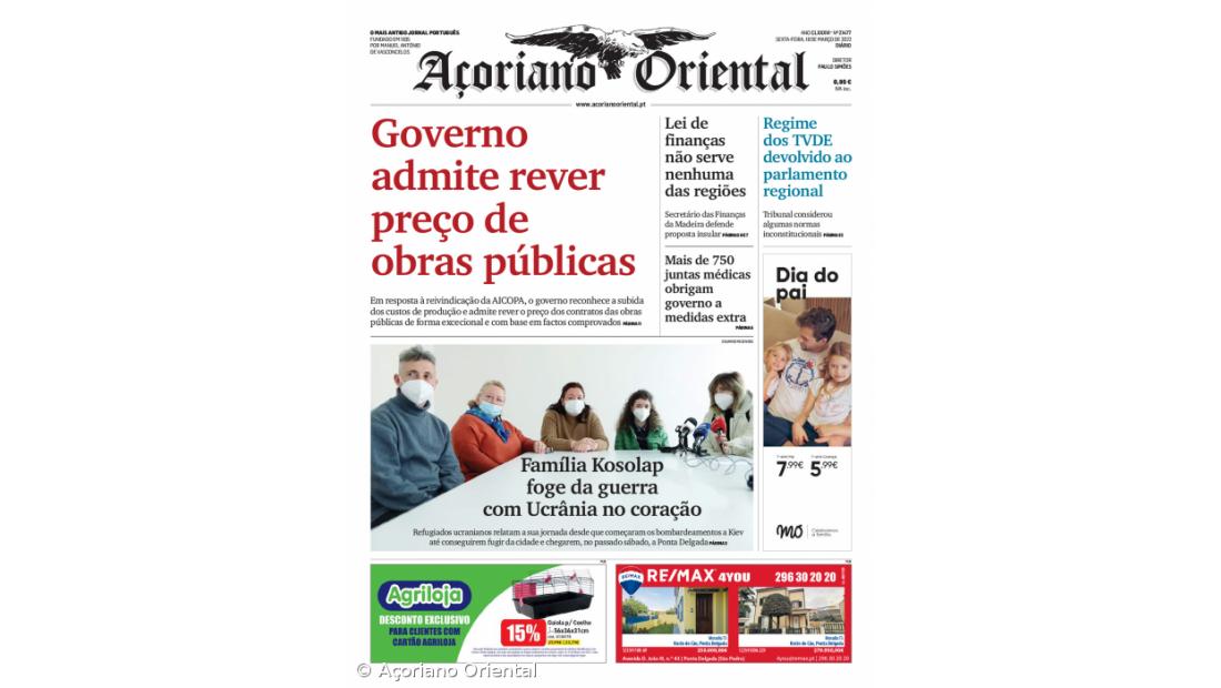 "Governo admite rever preço de obras públicas" é a manchete do Açoriano Oriental