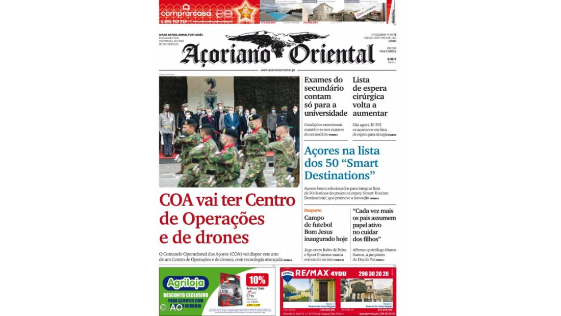 "COA vai ter Centro de Operações e de drones" é a manchete do Açoriano Oriental