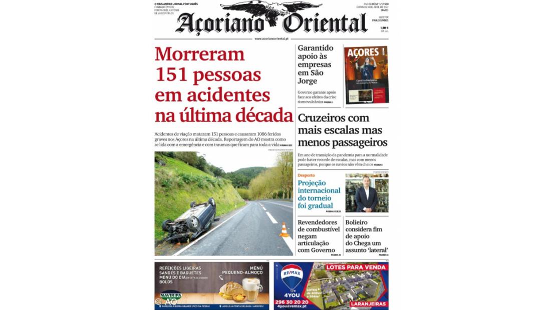 "Morreram 151 pessoas em acidentes na última década" é a manchete do Açoriano Oriental