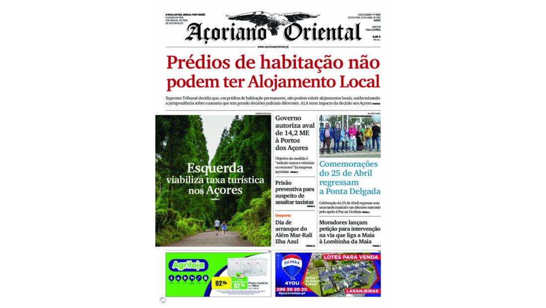 "Prédios de habitação não podem ter Alojamento Local" é a manchete do Açoriano Oriental