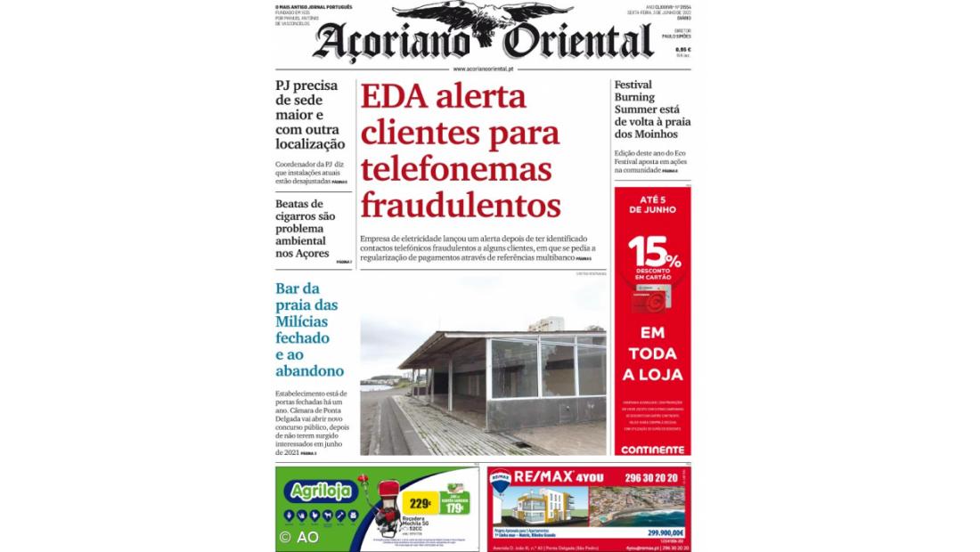 "EDA alerta clientes para telefonemas fraudulentos" é a manchete do Açoriano Oriental