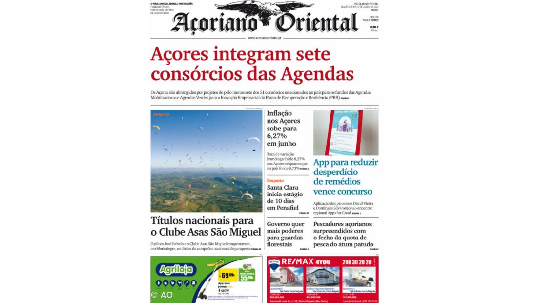 "Açores integram sete consórcios das Agendas" é a manchete do Açoriano Oriental