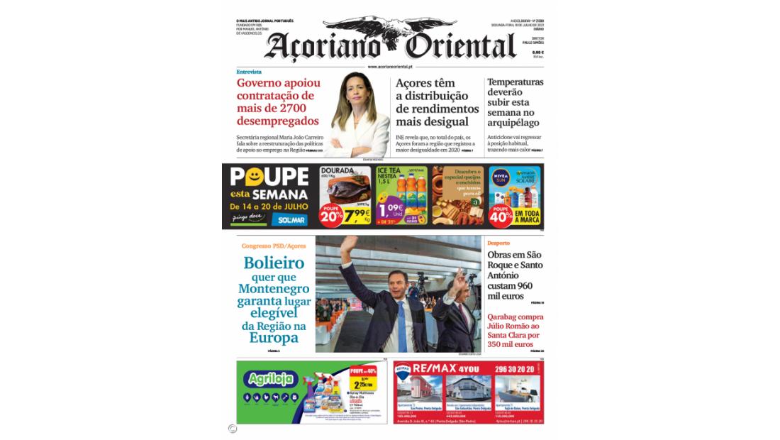 "Governo apoiou contratação de 2700 desempregados" é a manchete do Açoriano Oriental