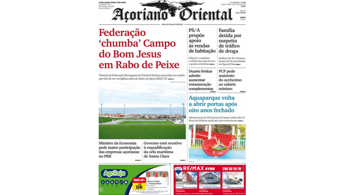 "Federação 'chumba' Campo do Bom Jesus em Rabo de Peixe" é a manchete do Açoriano Oriental