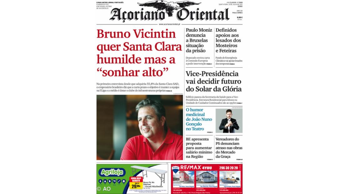 "Bruno Vicintin quer Santa Clara humilde mas a 'sonhar alto'" é a manchete do Açoriano Oriental