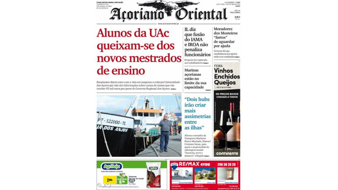 "Alunos da UAc queixam-se dos novos mestrados de ensino" é a manchete do Açoriano Oriental