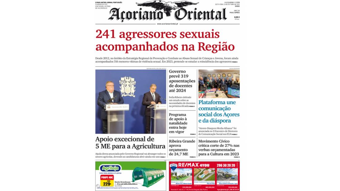 "241 agressores sexuais acompanhados na Região" é a manchete do Açoriano Oriental
