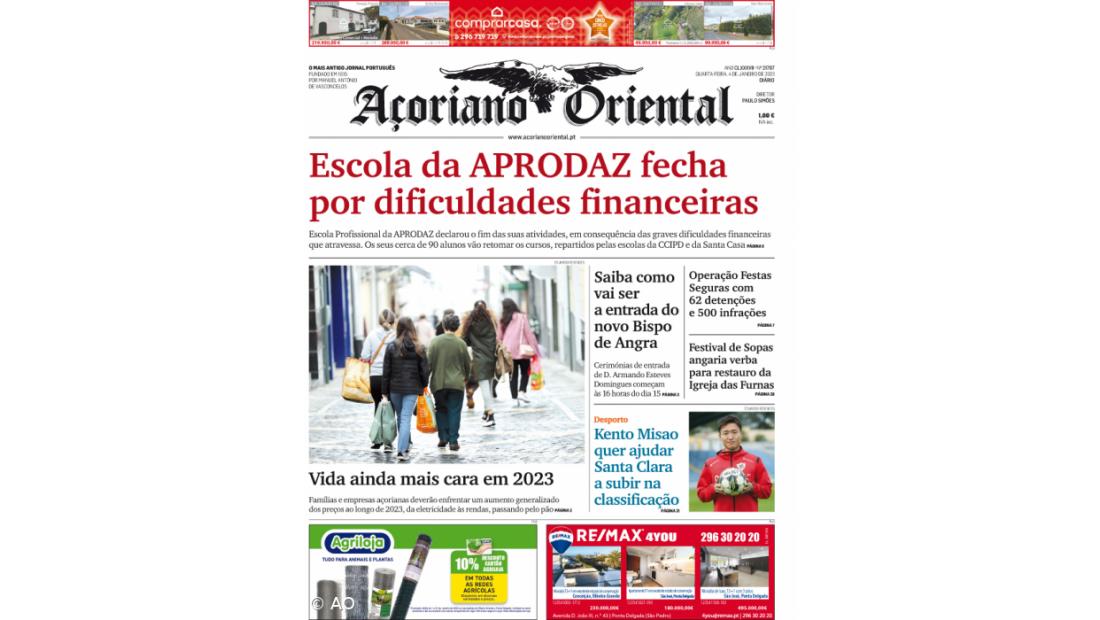 "Escola da APRODAZ fecha por dificuldades financeiras" é a manchete do Açoriano Oriental