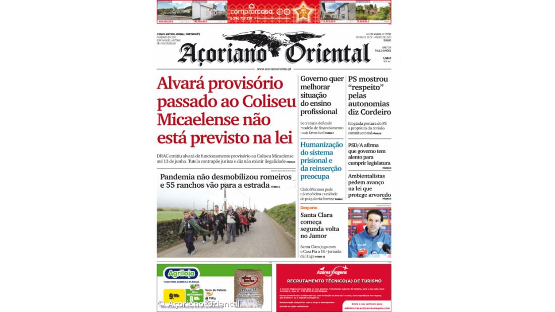 "Alvará provisório passado ao Coliseu Micaelense não está previsto na lei" é a manchete do Açoriano Oriental