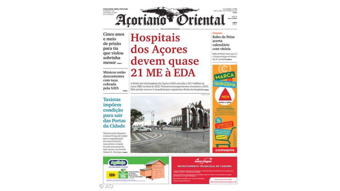 "Hospitais dos Açores devem quase 21 milhões de euros (ME) à EDA" é a manchete do Açoriano Oriental