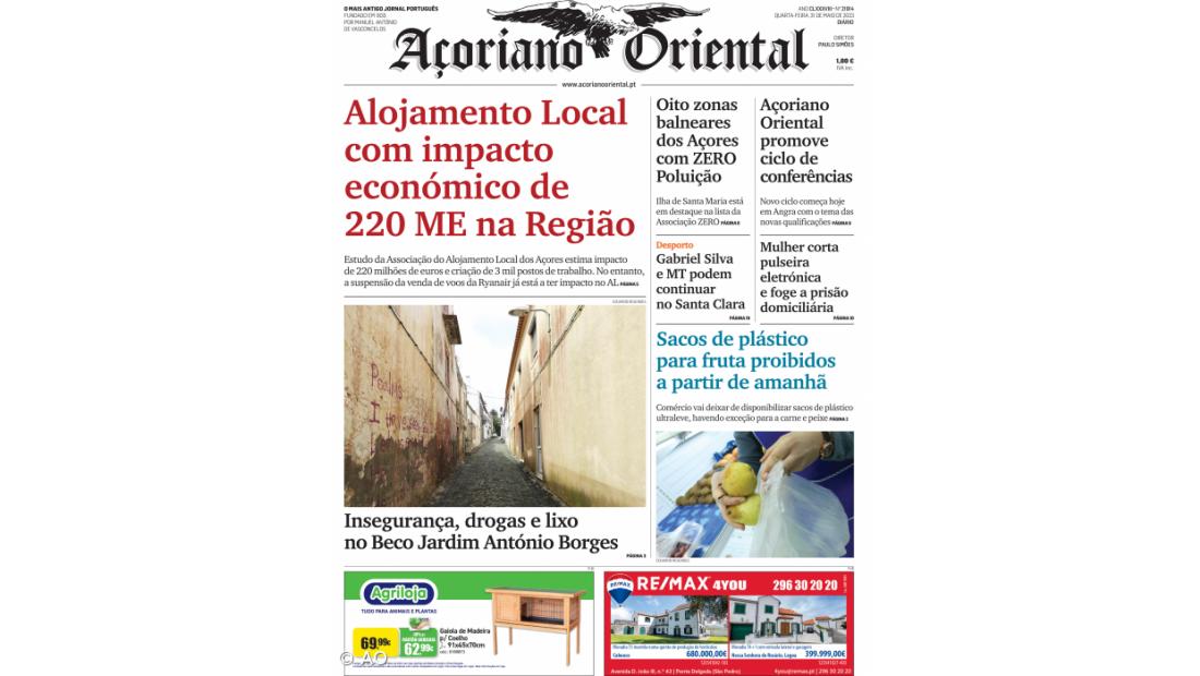 "Alojamento Local com impacto económico de 220 milhões de euros na Região" é a manchete do Açoriano Oriental