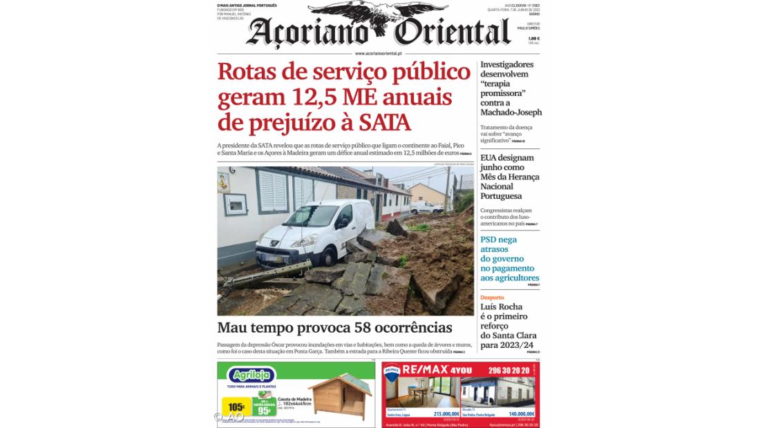 "Rotas de serviço público geram 12,5 milhões de euros (ME) anuais de prejuízo à SATA" é a manchete do Açoriano Oriental
